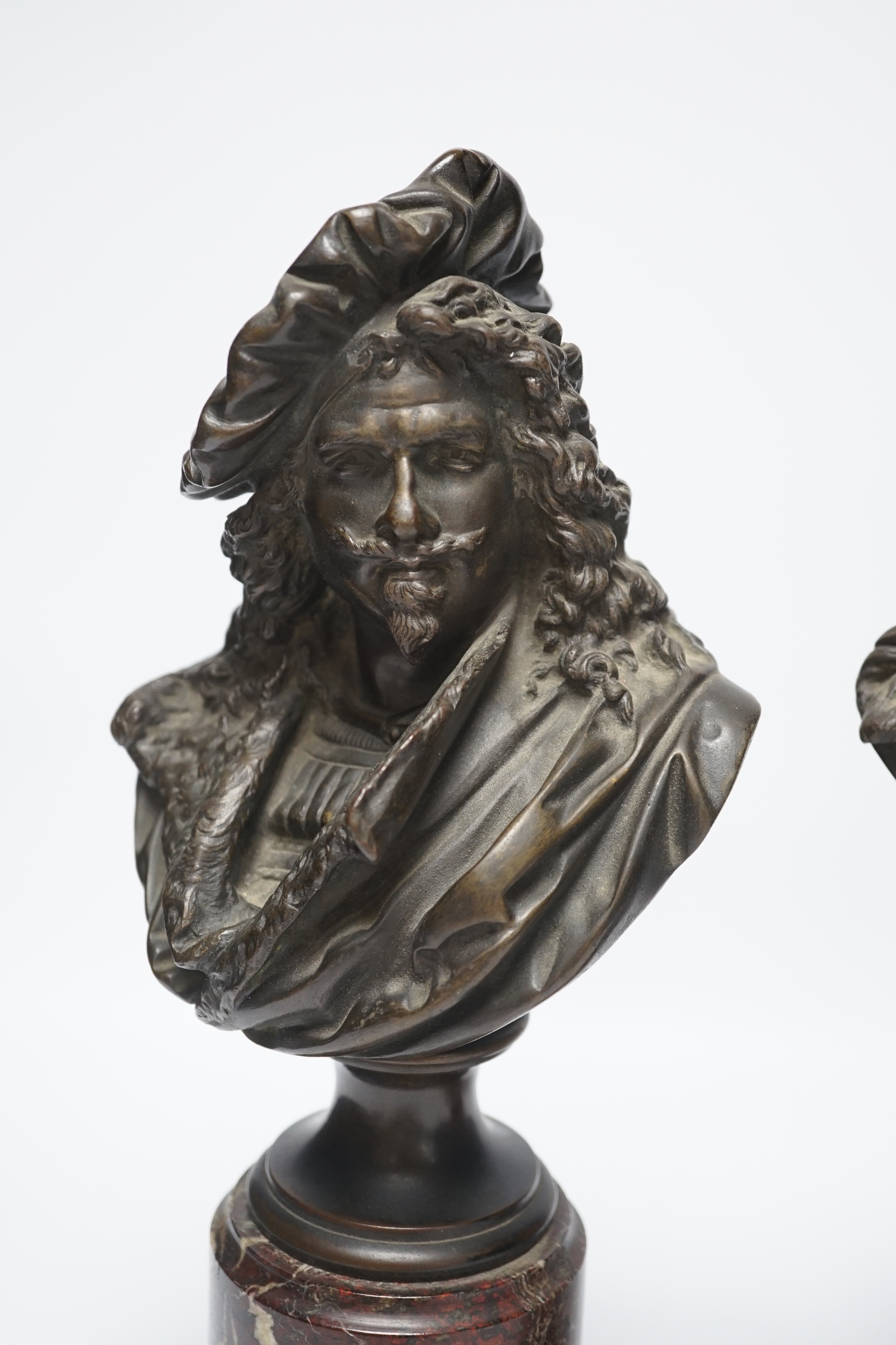 Albert-Ernest Carrier-Belleuse (1824-1887). A pair of late 19th century busts of the artists Albrecht Durer and Rembrandt, on marble columns, 33cm